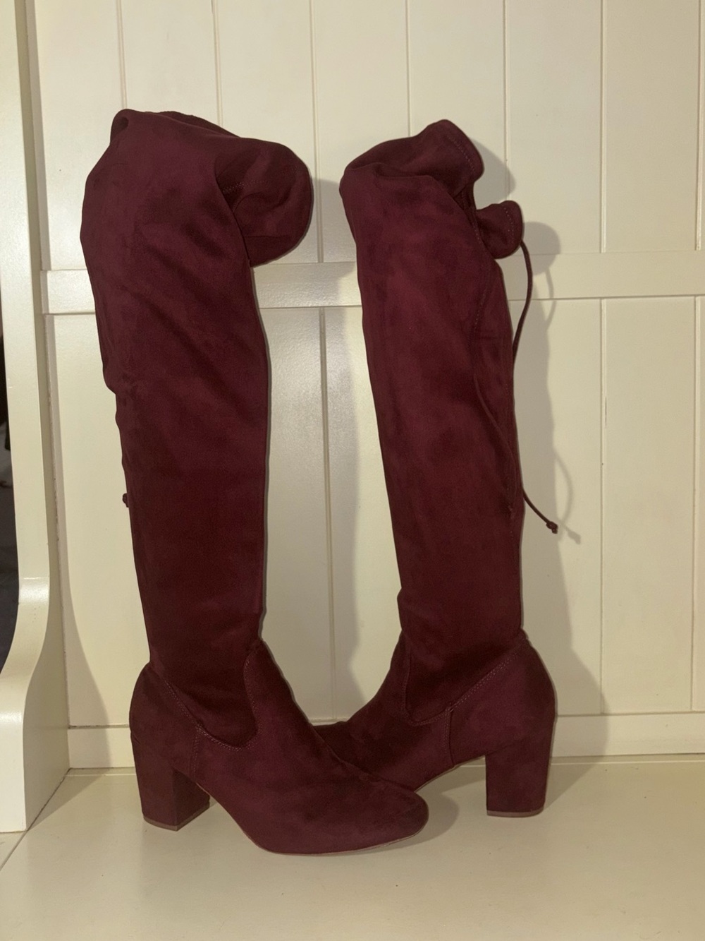 Over-the-Knee Suede Block Heel Boots - Deep Wine Size 11